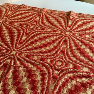 Rare Antique Primitive Overshot Woven Coverlet Bedspread 3 Panel Red & Tea - Stain