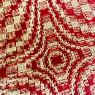 RARE Antique Primitive Overshot Woven Coverlet Bedspread 3 Panel Red & Tea - Stain 2