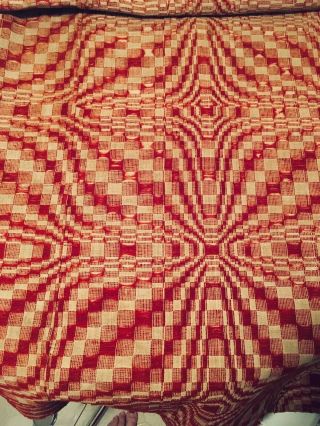 RARE Antique Primitive Overshot Woven Coverlet Bedspread 3 Panel Red & Tea - Stain 4