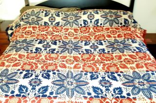 Vintage Coverlet Blanket W/ Fringe Leaf Flower Pattern