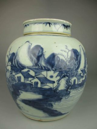 Chinese 18th Antique Porcelain Blue And White Landscape Pattern Lid Jor