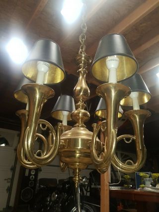 Vintage Solid brass 6 point French horn chandelier 11