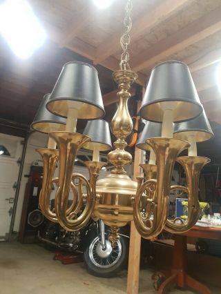 Vintage Solid brass 6 point French horn chandelier 12
