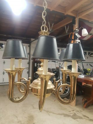 Vintage Solid Brass 6 Point French Horn Chandelier