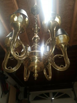 Vintage Solid brass 6 point French horn chandelier 4