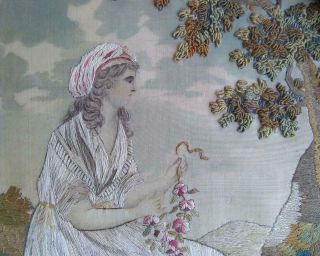 Early 19th C.  Antique Silk Work Embroidery Needlework Shepherdess Sampler 10
