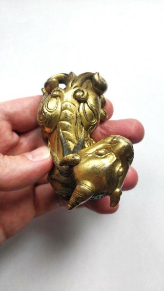 RARE Antique Chinese Gilt Bronze Dragon Beast Scroll Weight Figure Qing Dynasty 10
