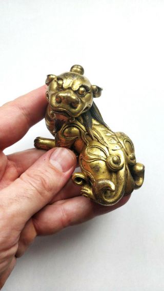 RARE Antique Chinese Gilt Bronze Dragon Beast Scroll Weight Figure Qing Dynasty 12