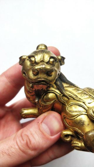 Rare Antique Chinese Gilt Bronze Dragon Beast Scroll Weight Figure Qing Dynasty