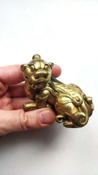 RARE Antique Chinese Gilt Bronze Dragon Beast Scroll Weight Figure Qing Dynasty 2