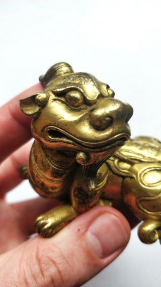 RARE Antique Chinese Gilt Bronze Dragon Beast Scroll Weight Figure Qing Dynasty 3