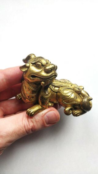 RARE Antique Chinese Gilt Bronze Dragon Beast Scroll Weight Figure Qing Dynasty 4