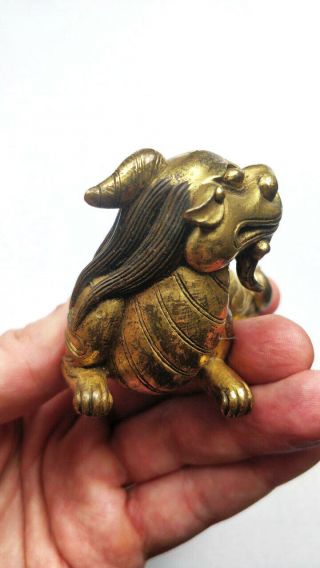 RARE Antique Chinese Gilt Bronze Dragon Beast Scroll Weight Figure Qing Dynasty 5