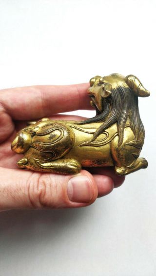 RARE Antique Chinese Gilt Bronze Dragon Beast Scroll Weight Figure Qing Dynasty 6