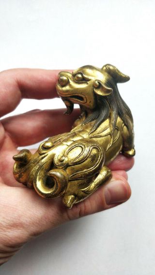 RARE Antique Chinese Gilt Bronze Dragon Beast Scroll Weight Figure Qing Dynasty 7