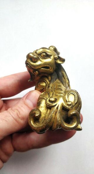 RARE Antique Chinese Gilt Bronze Dragon Beast Scroll Weight Figure Qing Dynasty 8