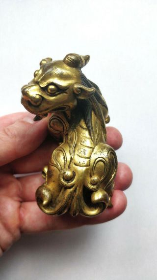 RARE Antique Chinese Gilt Bronze Dragon Beast Scroll Weight Figure Qing Dynasty 9