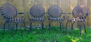 4 Francois Carre Sunburst Pinwheel Spring Steel Garden Arm Chairs
