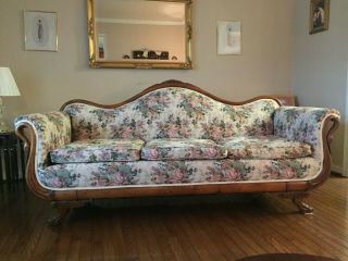 Antique Gooseneck Sofa Floral Pastel Wood Carved Flowers