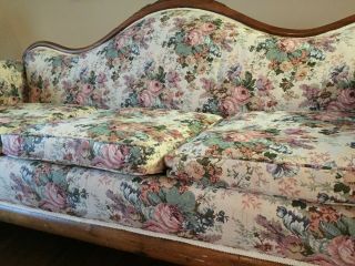Antique Gooseneck Sofa Floral Pastel Wood Carved Flowers 3