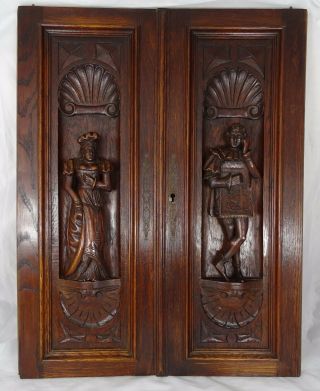 Pair Antique French Highly Carved Panels/door Oak Wood/ Figures/ Medieval Couple
