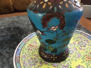 Antique Chinese Ming? Cloisonné Turquoise Brass enamel vase Rare bird 12