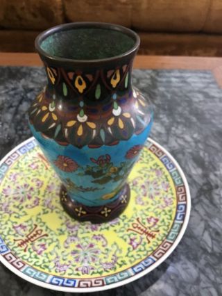 Antique Chinese Ming? Cloisonné Turquoise Brass Enamel Vase Rare Bird