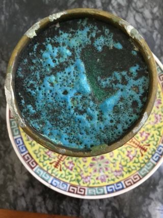 Antique Chinese Ming? Cloisonné Turquoise Brass enamel vase Rare bird 2