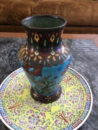 Antique Chinese Ming? Cloisonné Turquoise Brass enamel vase Rare bird 3