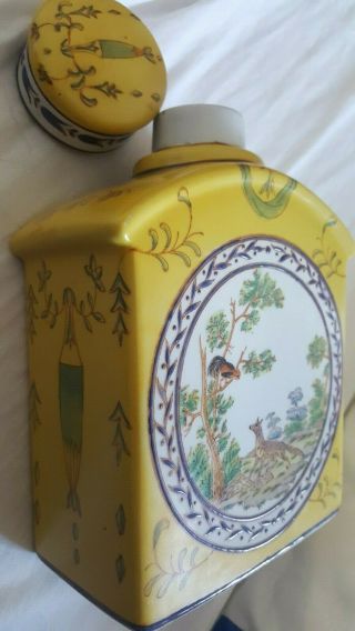 Rare Antique Chinese yellow blue & green hand painted tea caddy Jar signed base 2