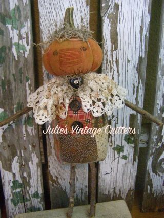 Primitive Harvest Pumpkin Stick Doll,  Rhinestone,  Folk Art Pumpkin Stick Doll