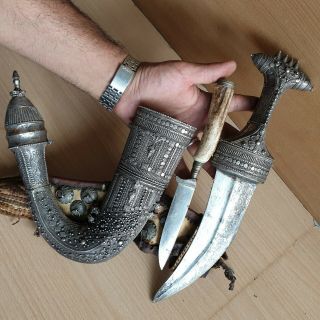 23 Old Islamic Yemeni Silver Dagger With Knife Jambiya Jambya Khanjar Bedouin