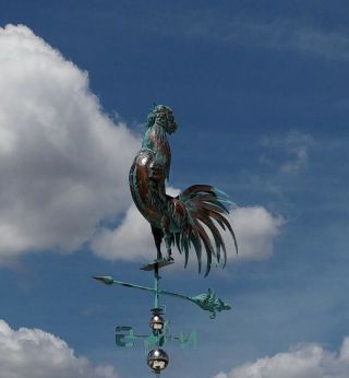 3d Crowing Rooster Weathervane Aged Copper Patina Finish Handcrafted Functional