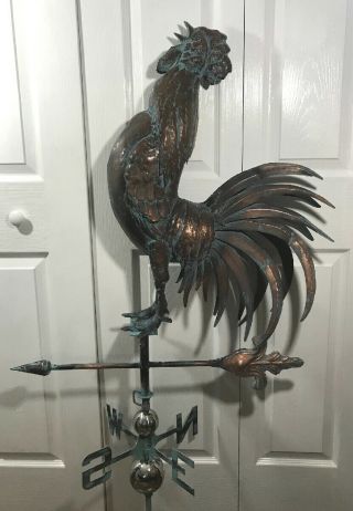 3D CROWING ROOSTER Weathervane AGED COPPER PATINA FINISH Handcrafted FUNCTIONAL 3