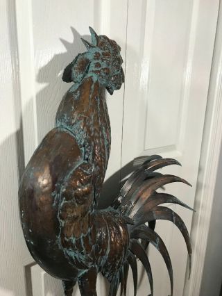3D CROWING ROOSTER Weathervane AGED COPPER PATINA FINISH Handcrafted FUNCTIONAL 6