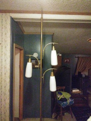 Vintage Mid - Century tension floor pole lamp white tapered glass shades 3 lights 2