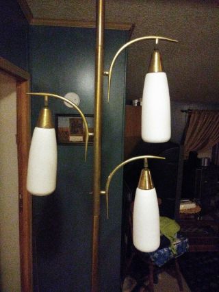 Vintage Mid - Century tension floor pole lamp white tapered glass shades 3 lights 4