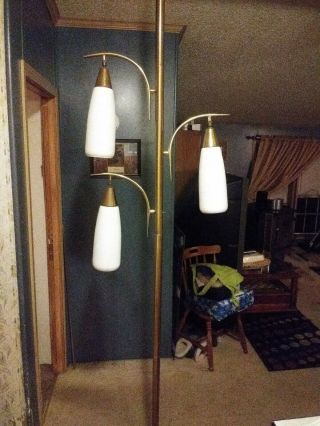 Vintage Mid - Century tension floor pole lamp white tapered glass shades 3 lights 6