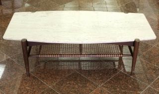 Bruno Mathsson Mid Century Modern Dux Travertine Top & Cane Shelf Coffee Table