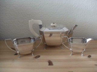 Art Deco Styled Solid Silver 3 Piece Teaset Sheffield 1956 E Viner 1256g