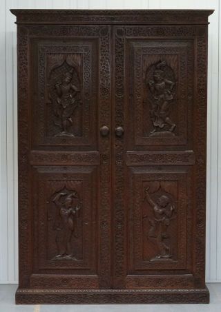 1910 BURMESE ANGLO INDIAN HAND CARVED WARDROBE ARMOIRE CUPBOARD CAMPAIGN DRAWERS 2