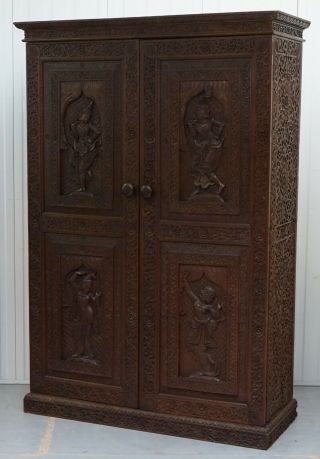 1910 BURMESE ANGLO INDIAN HAND CARVED WARDROBE ARMOIRE CUPBOARD CAMPAIGN DRAWERS 3