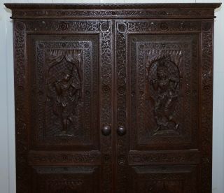 1910 BURMESE ANGLO INDIAN HAND CARVED WARDROBE ARMOIRE CUPBOARD CAMPAIGN DRAWERS 4