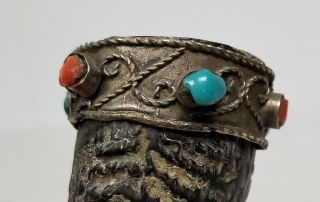 Antique Tibetan Nepalese Chinese Turquoise Coral Silver Mounted Snuff Carving 4