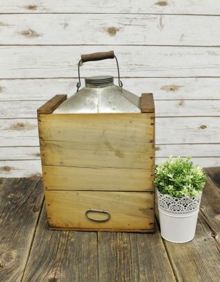 Antique Primitive Early 5 Gallon Gas Oil Can In Wood Crate Box Rare