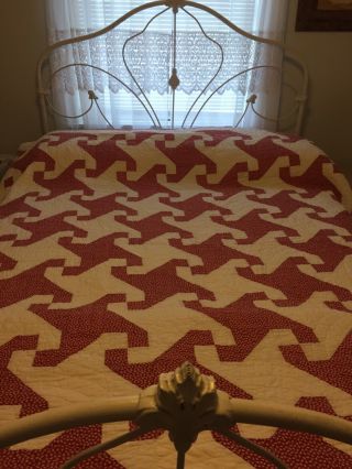 Antique Handmade Red & White Pinwheel Quilt,  Vintage Cotton Hand Quilted