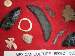 Mex.  Artifacts 70 Eccentrics Beads Cresent Knife Obs Needles Sheel Earing.