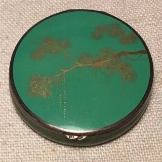 Antique 935 High Purity Sterling Silver Green Enamel Gold Leaf Tree Compact Box