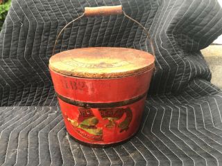 Antique Advertising Wood Bucket W/top,  Handle Old Red Paint