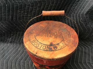 ANTIQUE ADVERTISING WOOD BUCKET W/TOP,  HANDLE OLD RED PAINT 3